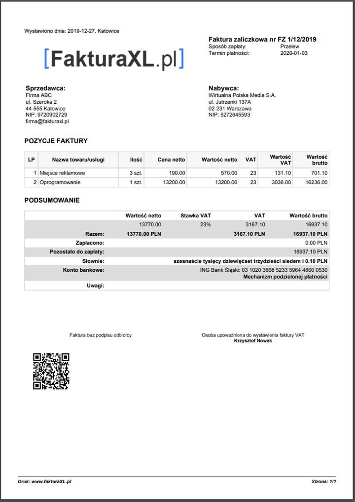 Przygotowanie faktury zaliczkowej