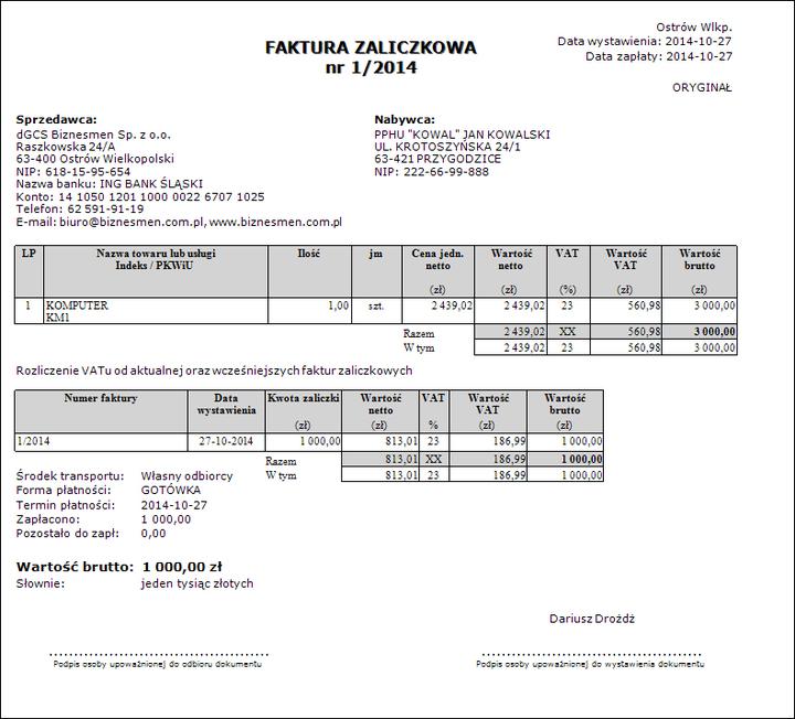 Jak prawidłowo przygotować fakturę zaliczkową - wzór do zastosowania w praktyce